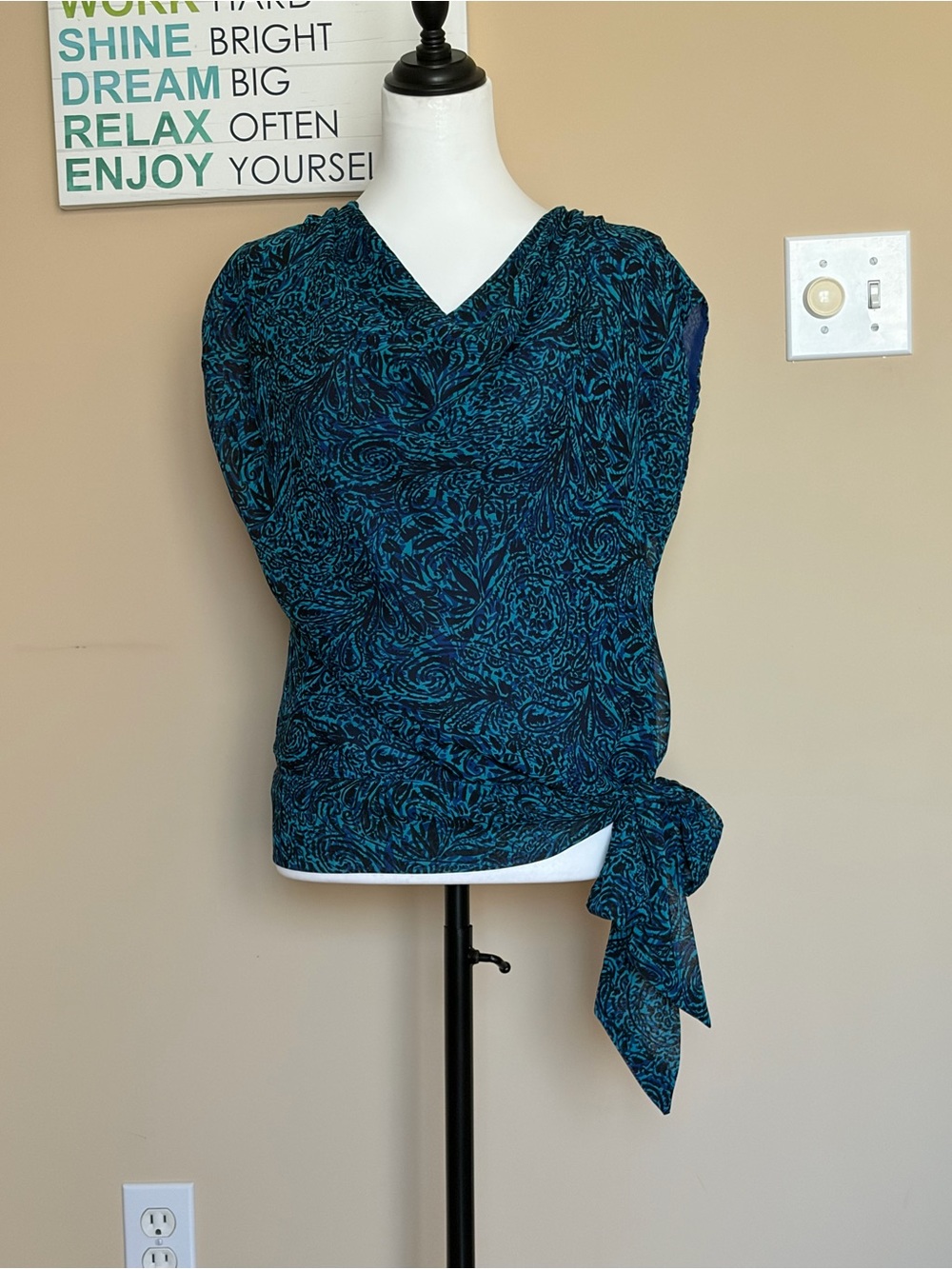 Apt. 9 Teal & Navy Printed Wrap Blouse with Side Tie